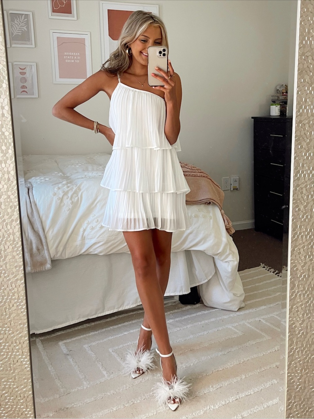 Polly Pleated One-Shoulder Mini Dress in white